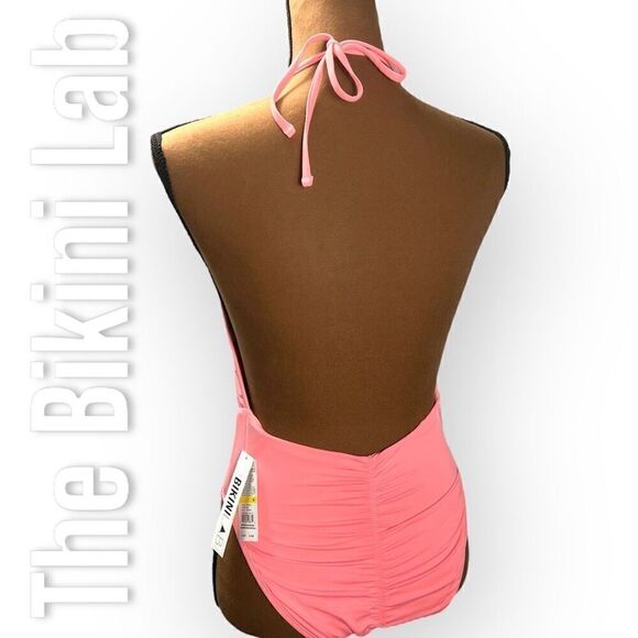 The Bikini Lab Rack Solid Plunge Shirred Booty One-Piece Halter Women’s Medium - Picture 2 of 12